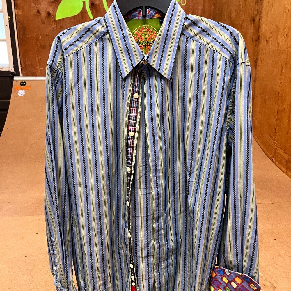 Robert Graham XL blue/green stripe button-down w/flip cuff and embroidery